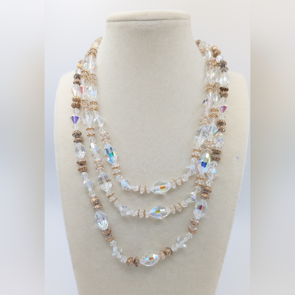 Vintage Triple Strand Clear Glass AB Necklace In Gold Tone